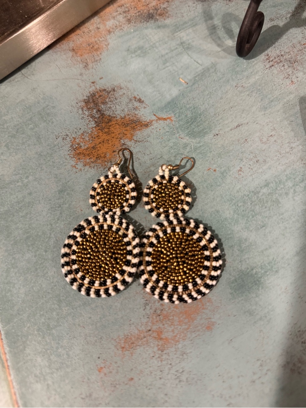 Beaded Double Circle Drop Earrings - Gold and Black/White